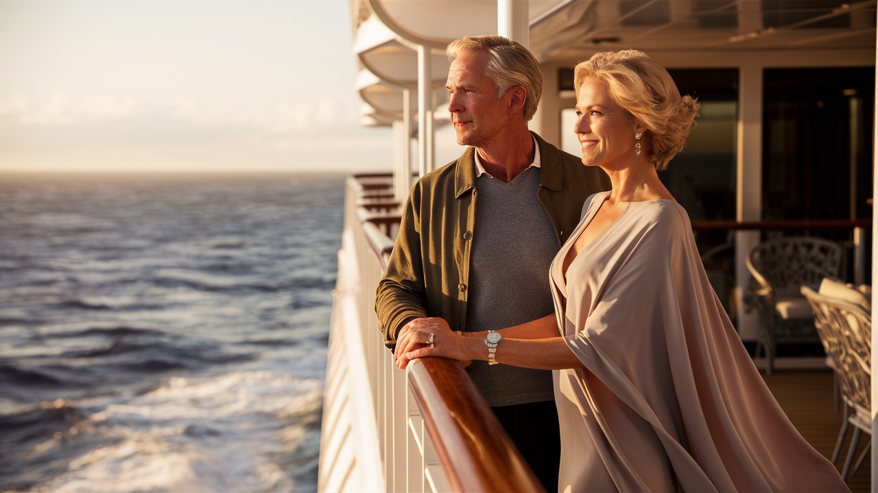 Couple looking out to sea from cruise ship balcony